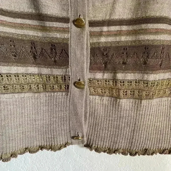 St. John Collection Embellished Ruffle Trim Striped Crew Neck Brown Sweater M - Picture 8 of 14